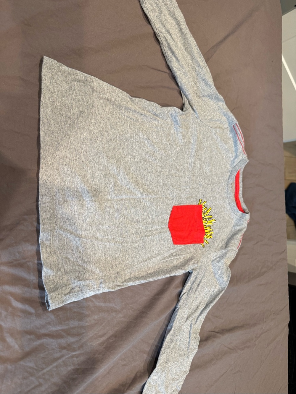 Kids Long-Sleeve Grey Tee with Red Pocket and Fries Detail